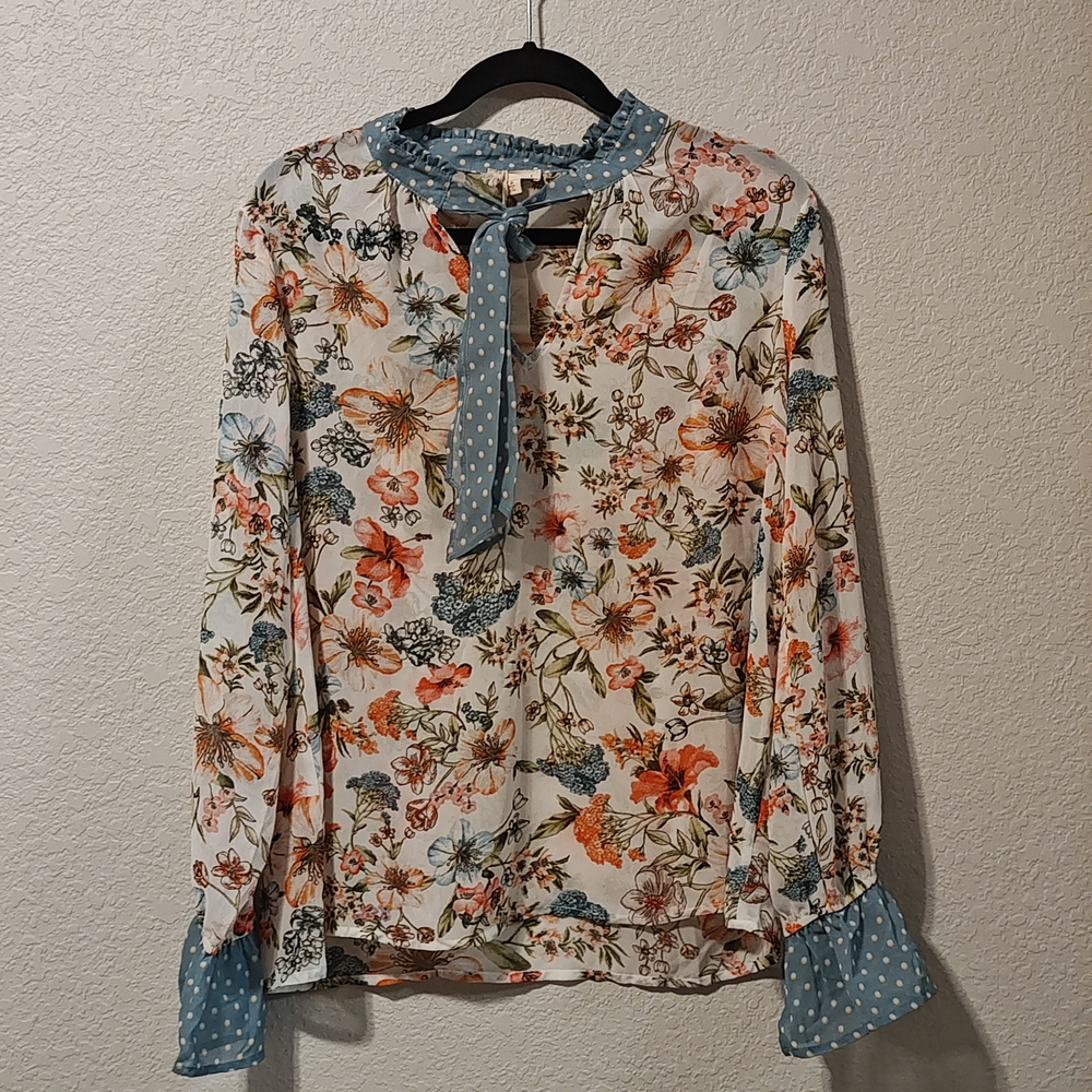 Mystree Floral Blouse with Blue Polka Dot Accents